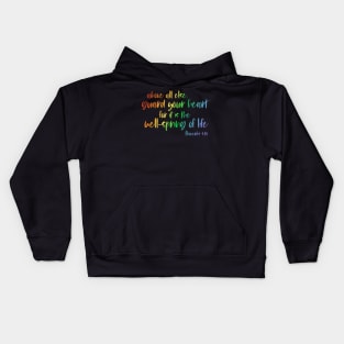 Christian Bible Verse: Above all else, guard your heart (rainbow text) Kids Hoodie